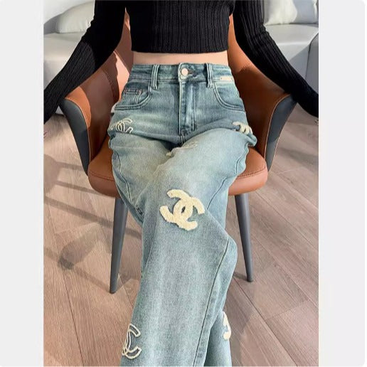 CHA Embroidered Flocked Jeans – High Waist PD0426082702