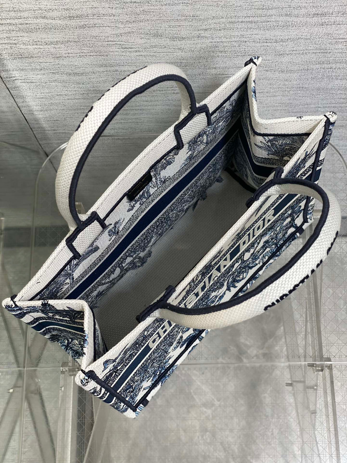 CD Medium CD Book Tote Tropical Pattern Slate Blue White Black Cotton
