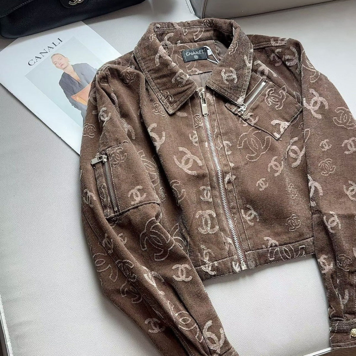 CHA Women's New Winter Chic‑Style Cropped Vintage Denim Jacket with All‑Over Logo Print PD0426082706