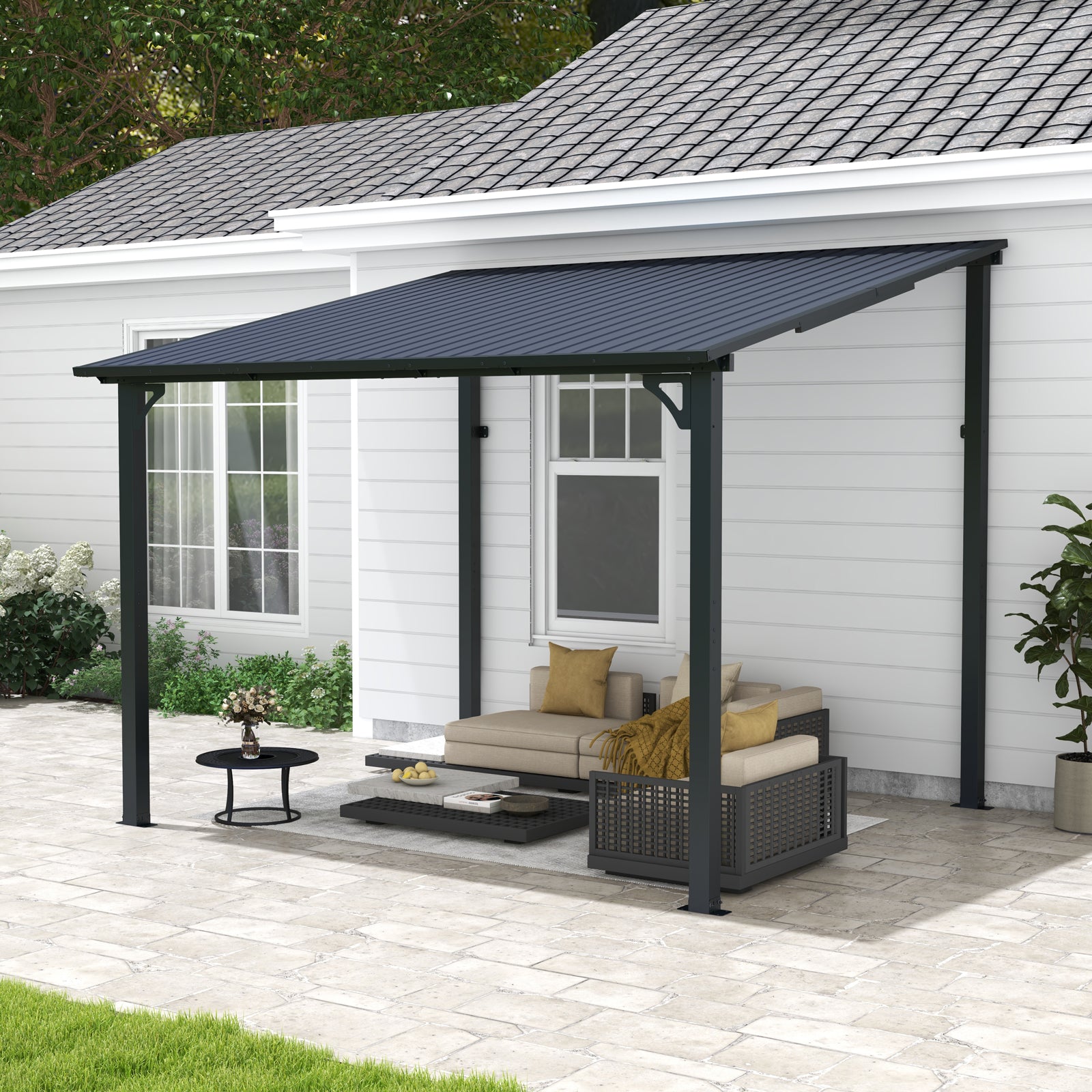 Outdoor Lean to Gazebo Pergola w/Drainage Holes, Wall-Mounted Gazebo with Hard Top Metal Awnings for Patio Backyard Deck, Dark Grey
