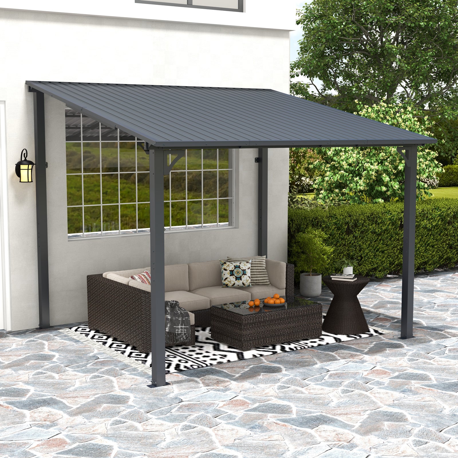 Outdoor Lean to Gazebo Pergola w/Drainage Holes, Wall-Mounted Gazebo with Hard Top Metal Awnings for Patio Backyard Deck, Dark Grey