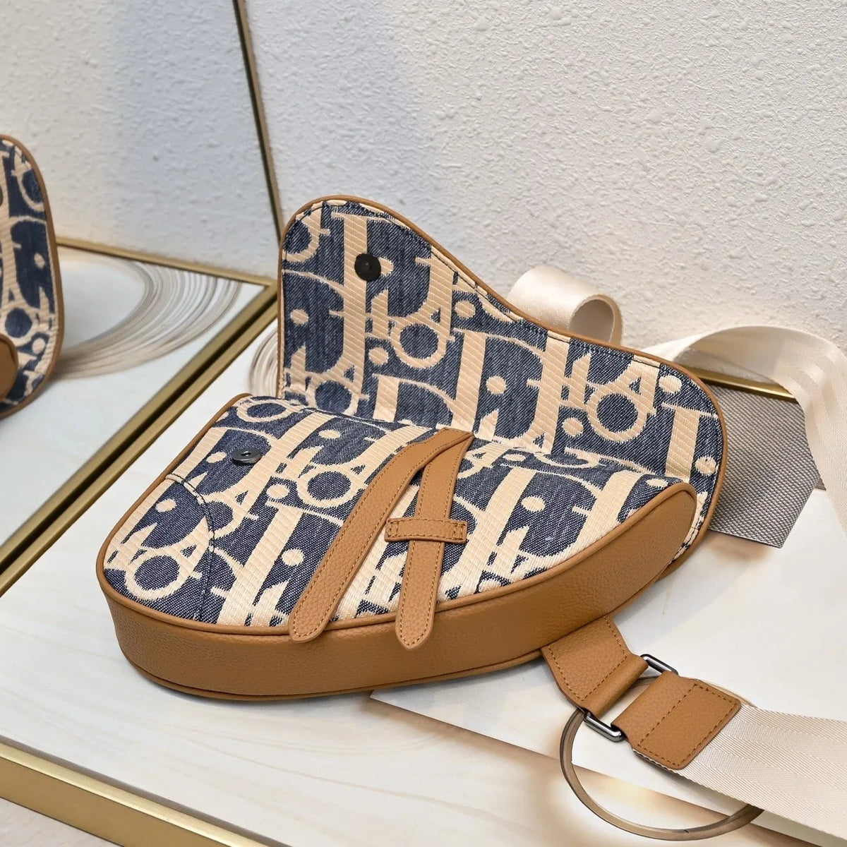 CD 2026 Saddle Oblique Bag 28.6cm Blue Brown Denim Calfskin
