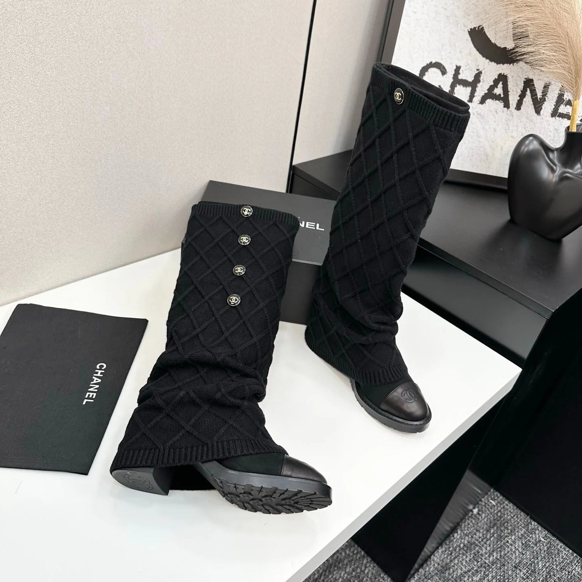 CC 26s Diamond Knit Buttoned Long Boots Black Calfskin Knit 985770