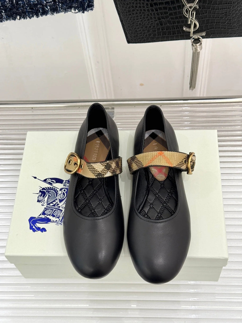BB Robin Mary Jane Flats Check Strap Black Leather 956170