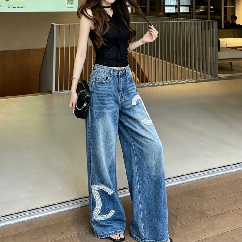 New Fashion Women CC Beaded Wide Leg Jeans DM1326091419