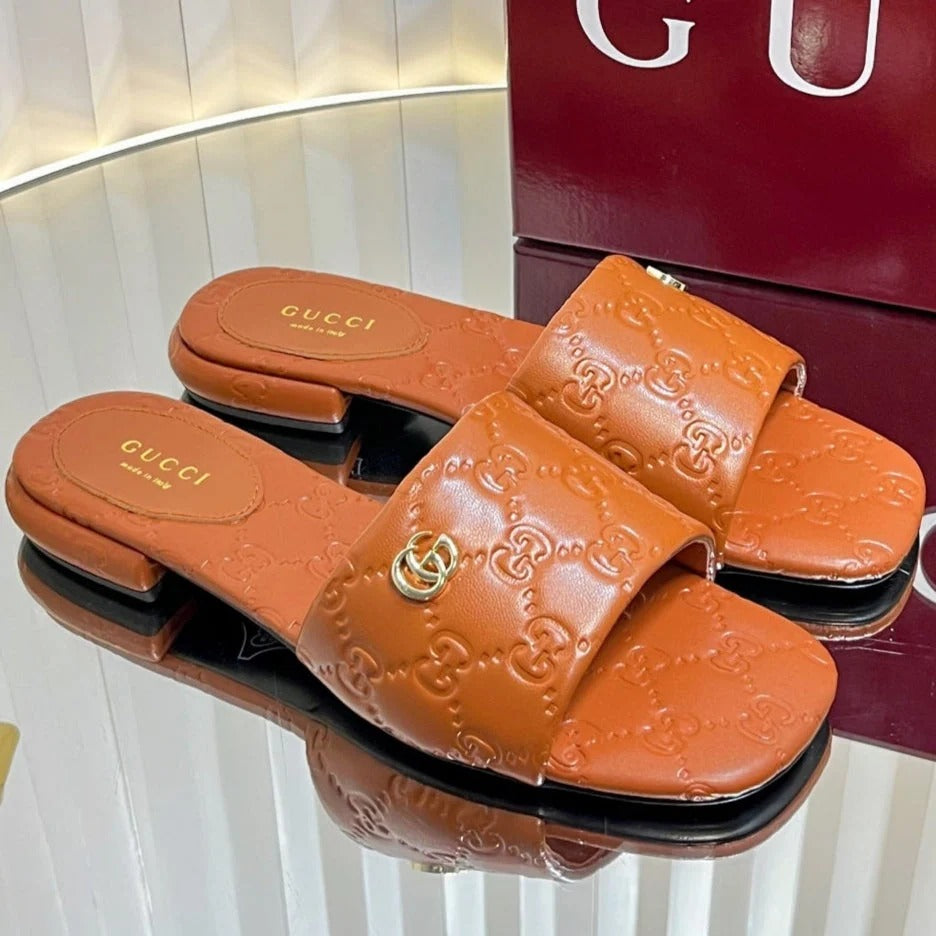 GC Double G Slide Sandals Embossed Leather 294636