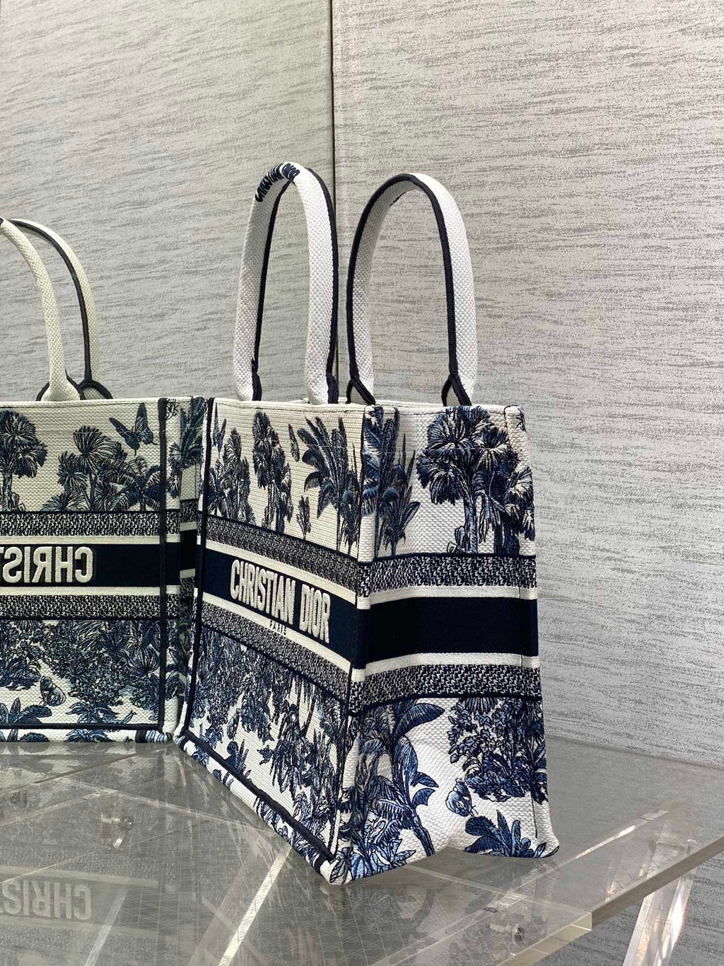 CD Medium CD Book Tote Tropical Pattern Slate Blue White Black Cotton