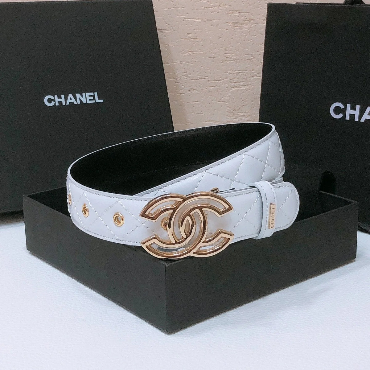 CHA  BELT 3CM IN WHITE EMBROIDERED LAMBSKIN GOLD HARDWARE