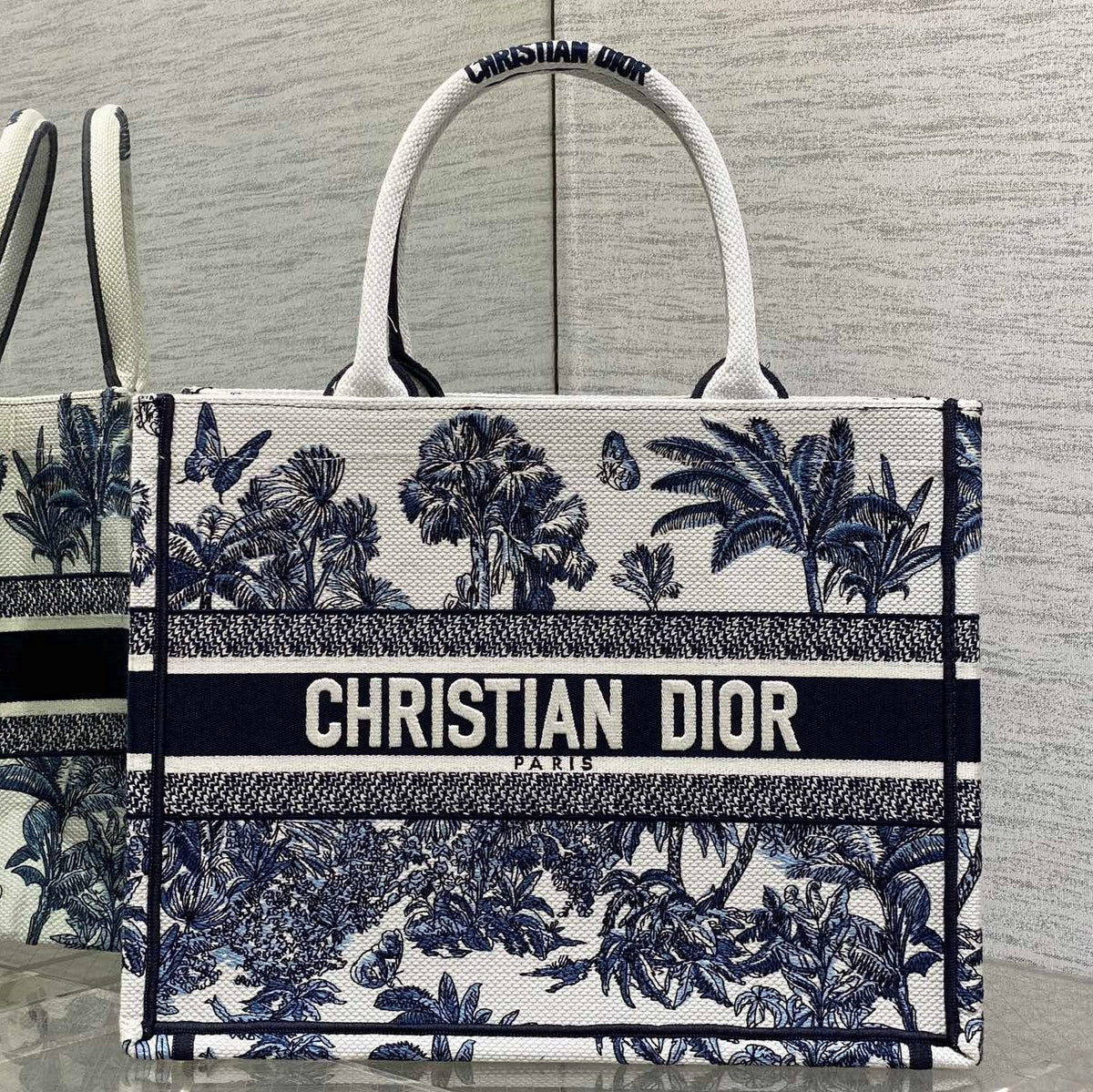 CD Medium CD Book Tote Tropical Pattern Slate Blue White Black Cotton