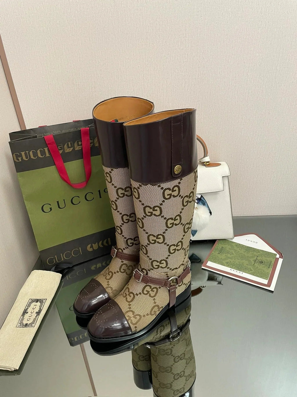 GG  2026 Boot Brown mix Beige Canvas Leather 911944