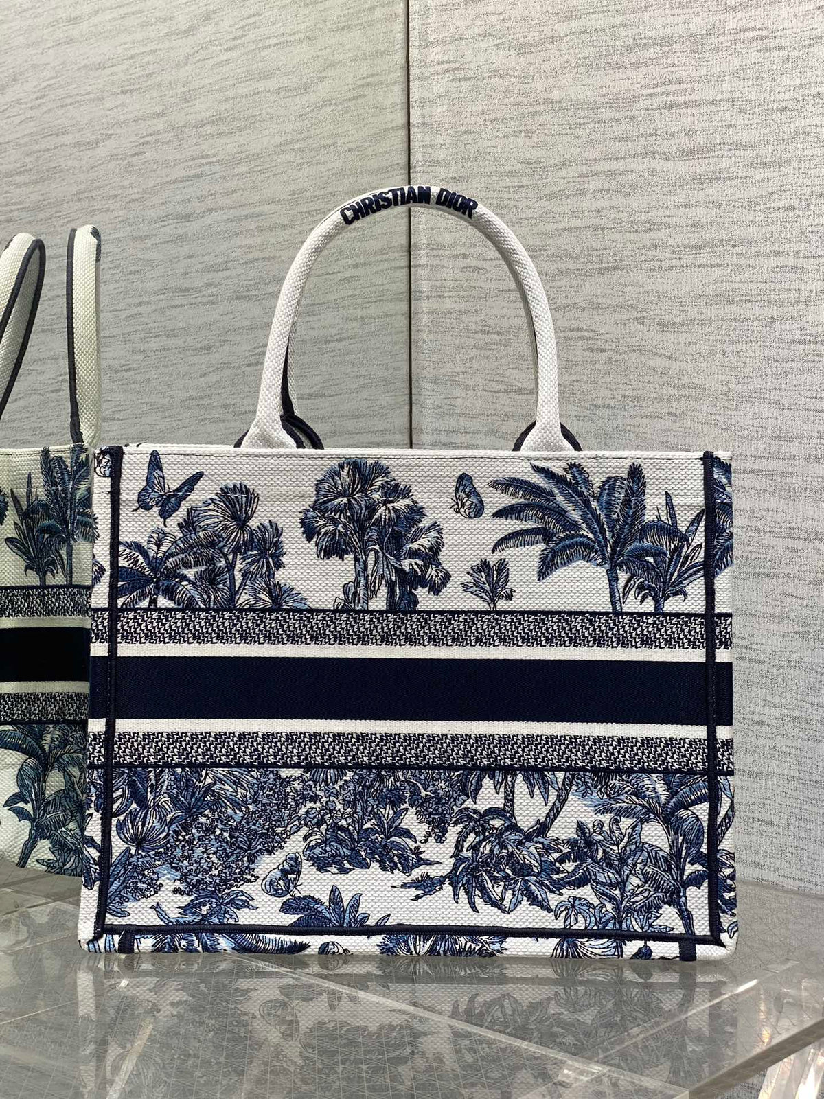 CD Medium CD Book Tote Tropical Pattern Slate Blue White Black Cotton