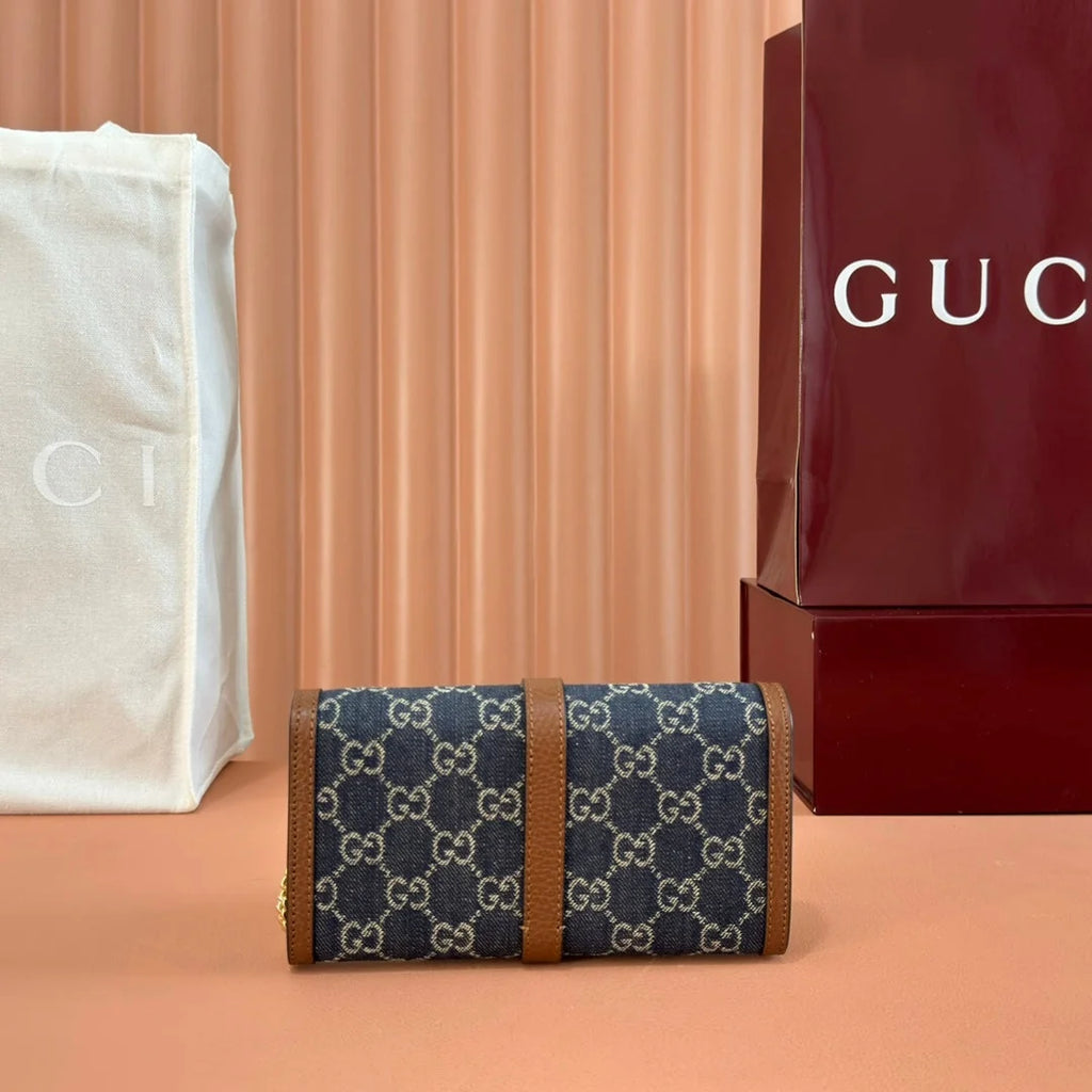 GG  Jackie Chain Wallet Blue Brown Canvas Leather 255173