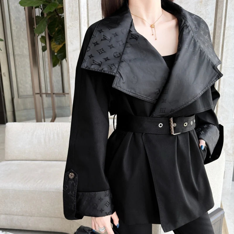 New Fashion Women Monogram Panel Waist Belt Short Trench Coat XC1326091127