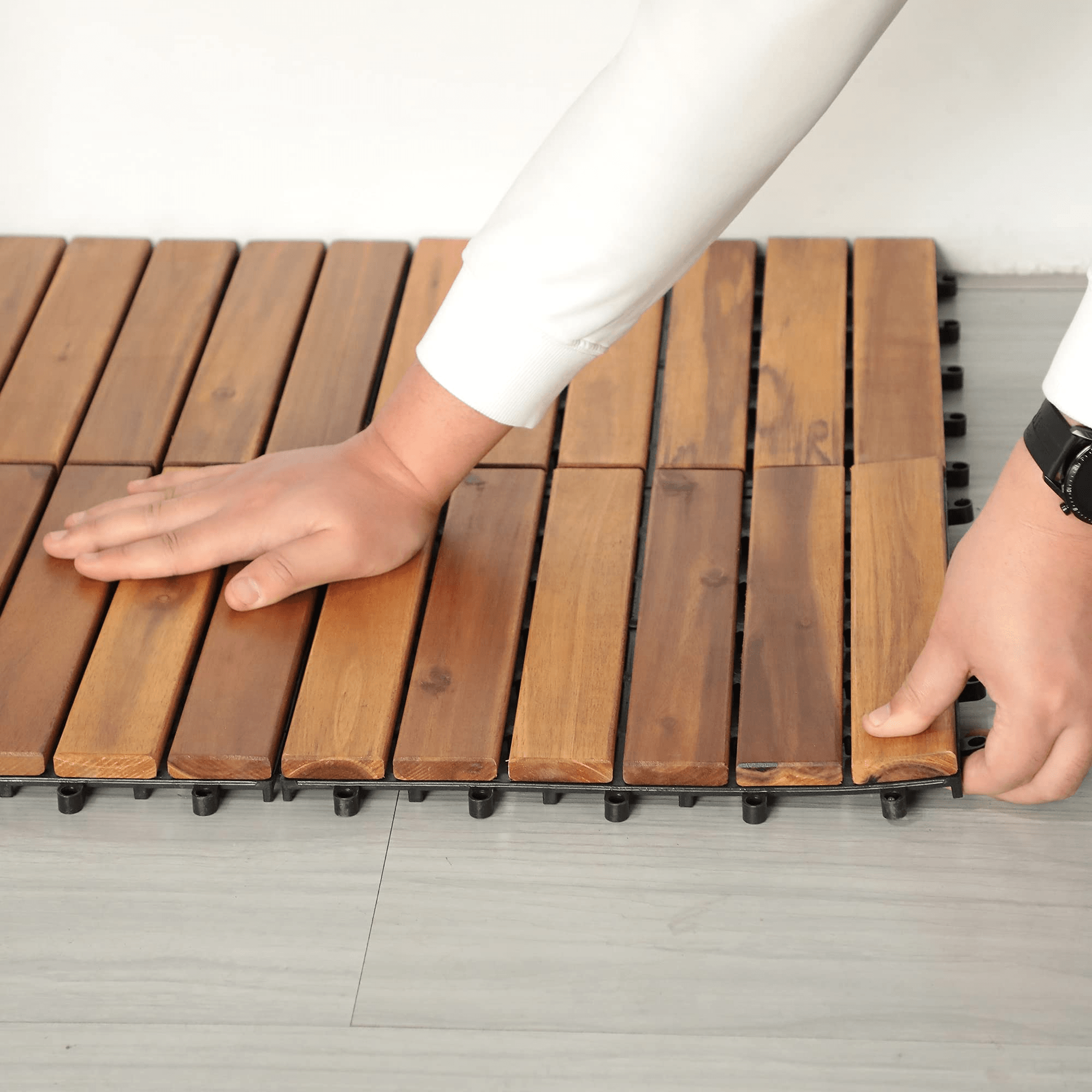 Acacia Wood Interlocking Flooring Tiles, 12 x 12 Inch Wood Deck Tiles