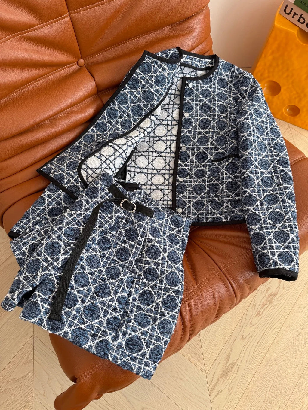 CD SS26 Macrocannage Cropped Jacket Navy Blue Ecru Tweed 340212