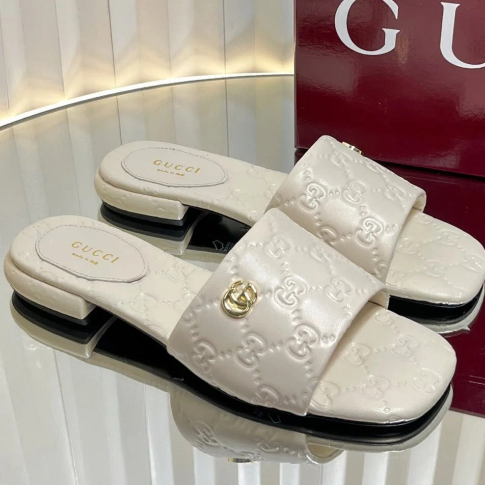 GC Double G Slide Sandals Embossed Leather 294636