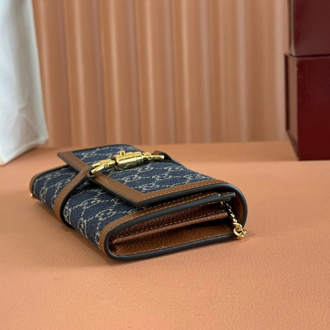 GG  Jackie Chain Wallet Blue Brown Canvas Leather 255173