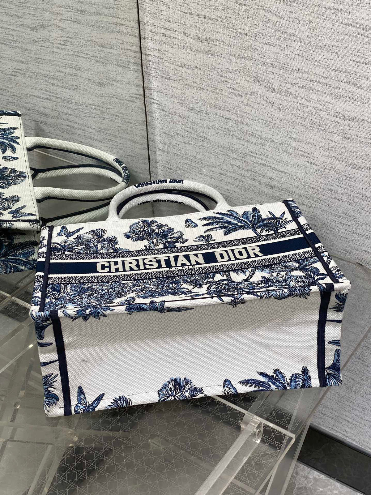 CD Medium CD Book Tote Tropical Pattern Slate Blue White Black Cotton