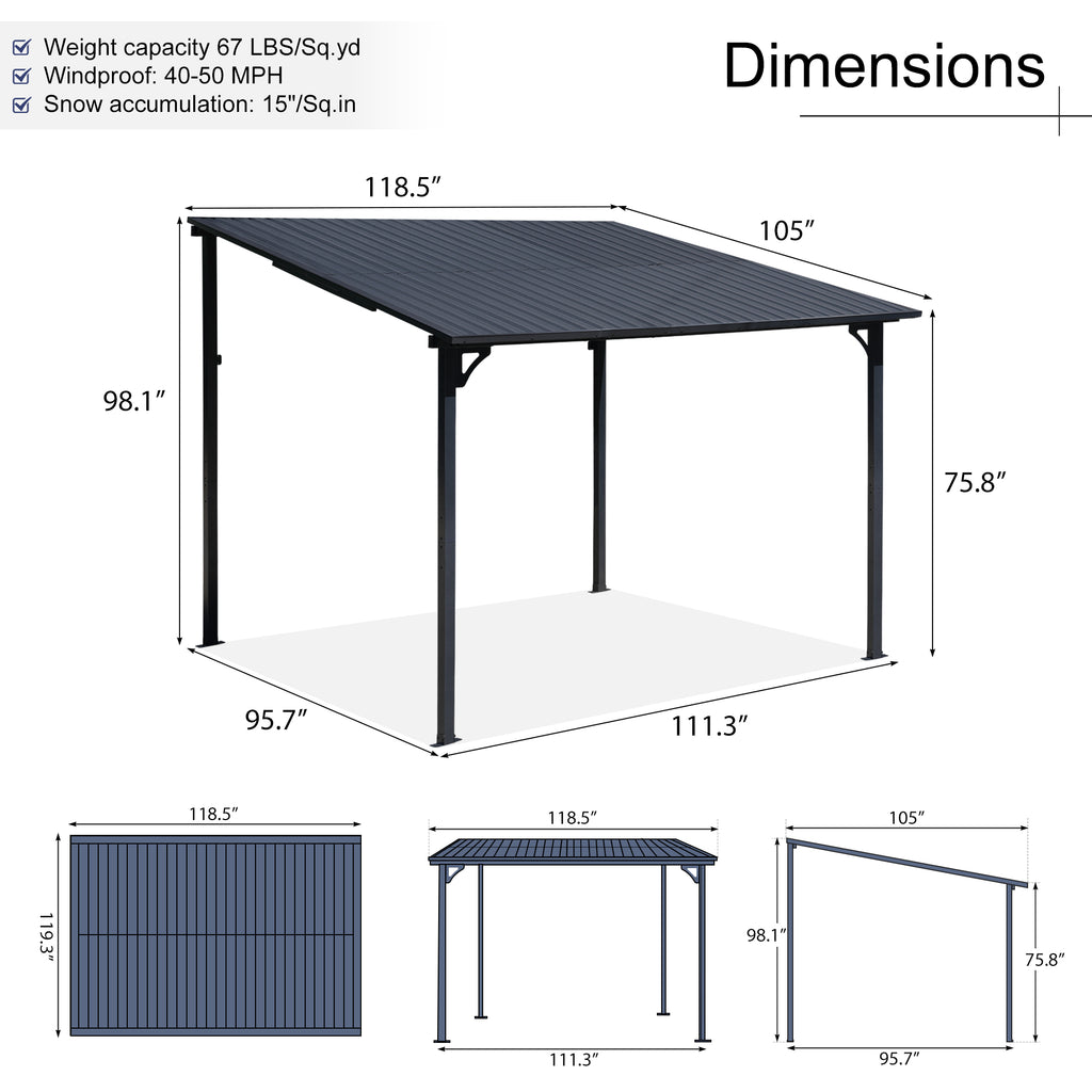 Outdoor Lean to Gazebo Pergola w/Drainage Holes, Wall-Mounted Gazebo with Hard Top Metal Awnings for Patio Backyard Deck, Dark Grey