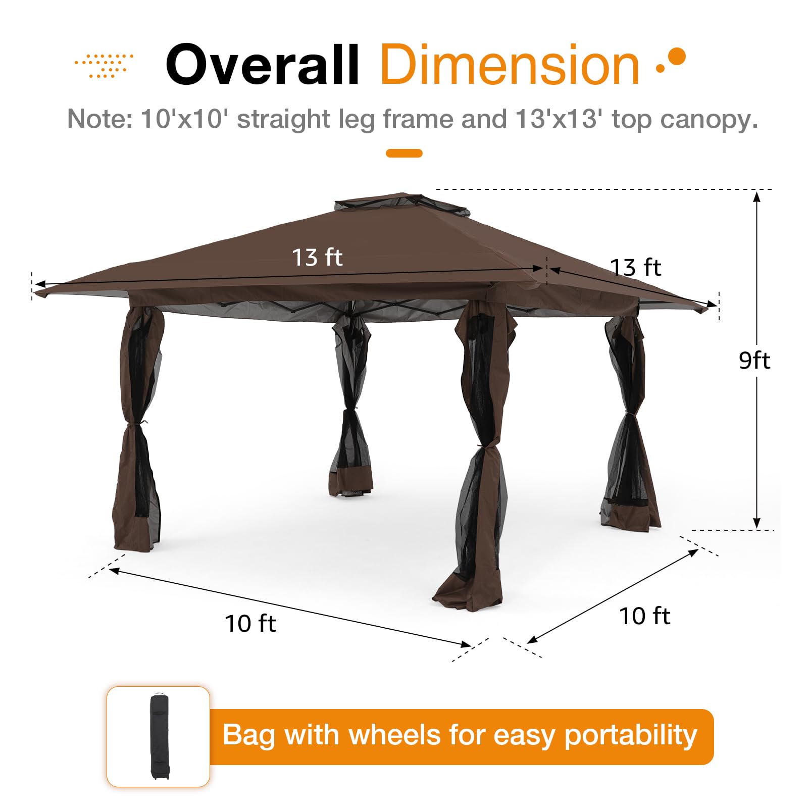 13’x13’ Pop Up Gazebo With Mosquito Netting, Outdoor Canopy Tent Shade, 5 colors, Metal Frame