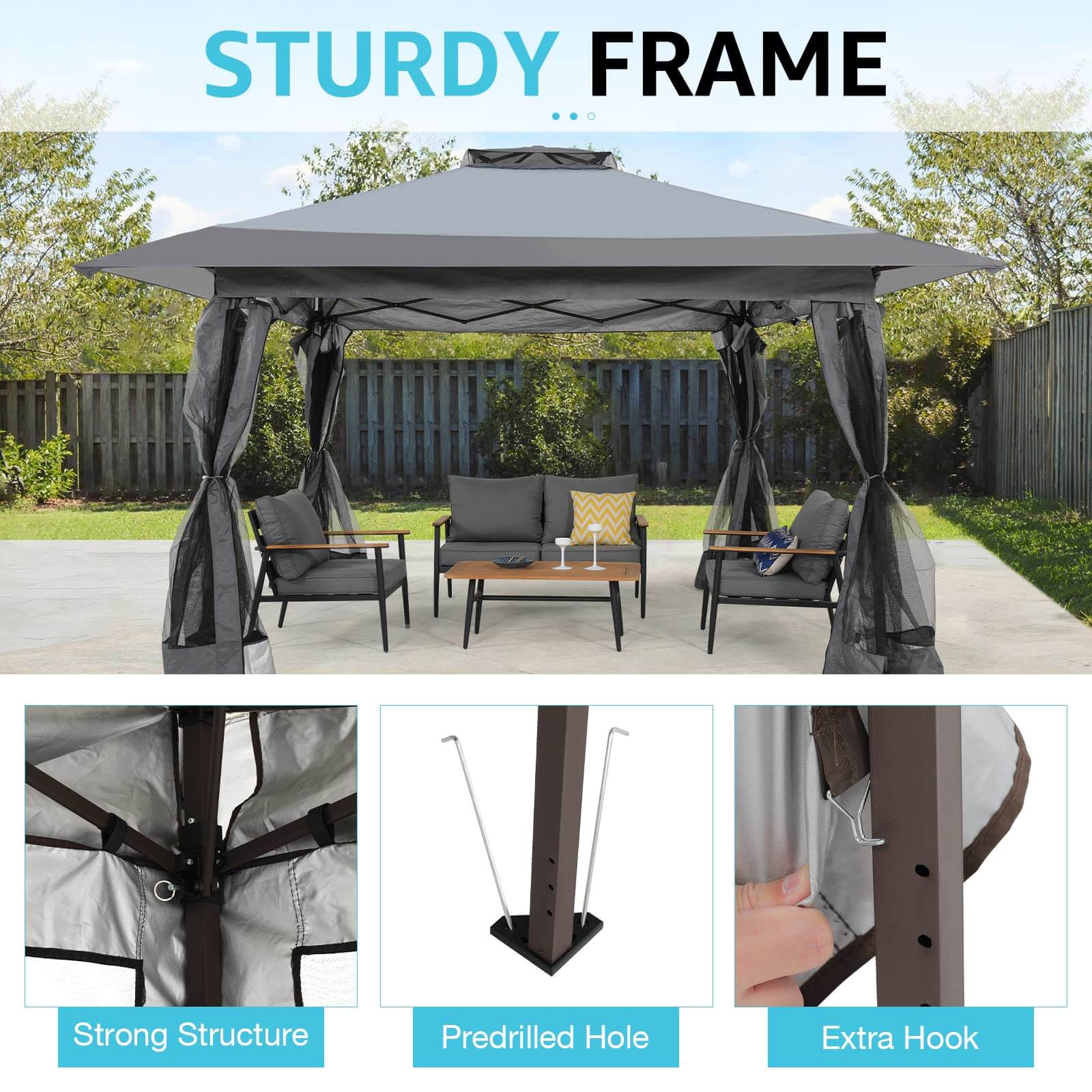 13’x13’ Pop Up Gazebo With Mosquito Netting Outdoor Canopy Tent Shade, Metal Frame