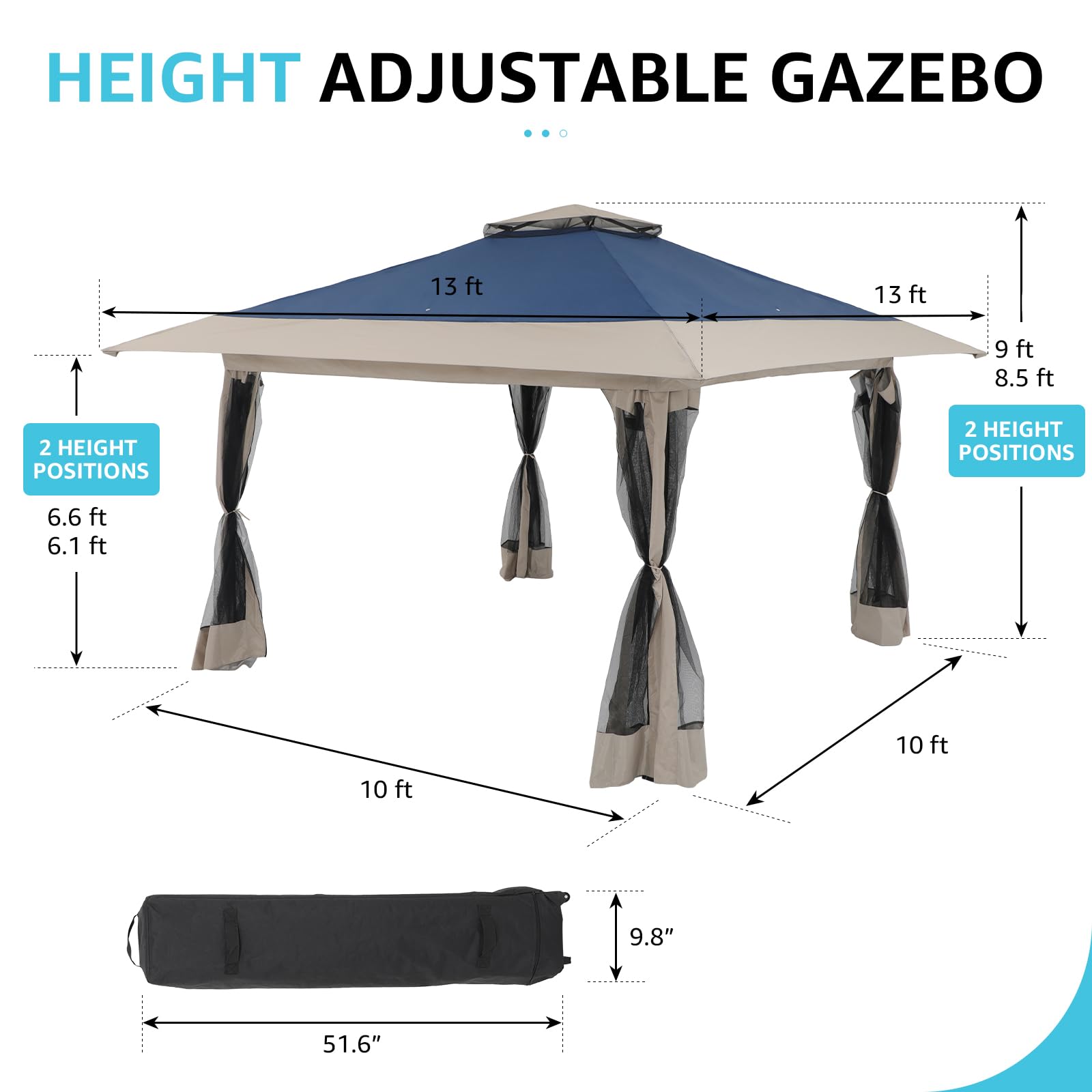13’x13’ Pop Up Gazebo With Mosquito Netting Outdoor Canopy Tent Shade, Metal Frame