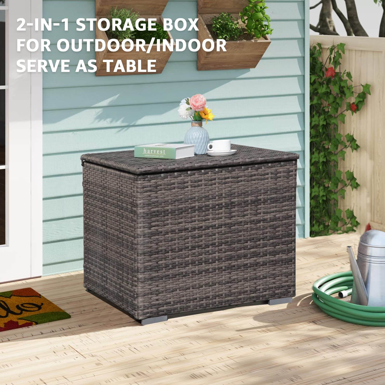 88 Gallon Waterproof Outdoor Storage Box Wicker Deck Box for Patio Furniture