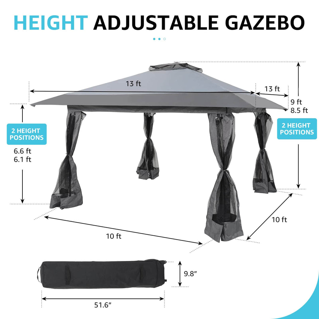 13’x13’ Pop Up Gazebo With Mosquito Netting Outdoor Canopy Tent Shade, Metal Frame