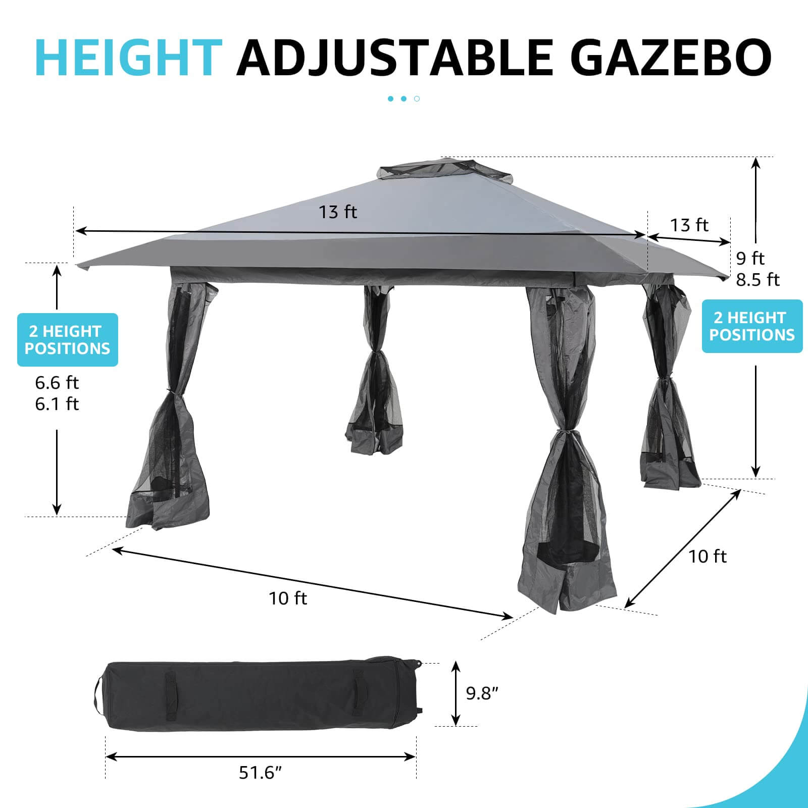 13’x13’ Pop Up Gazebo With Mosquito Netting Outdoor Canopy Tent Shade, Metal Frame