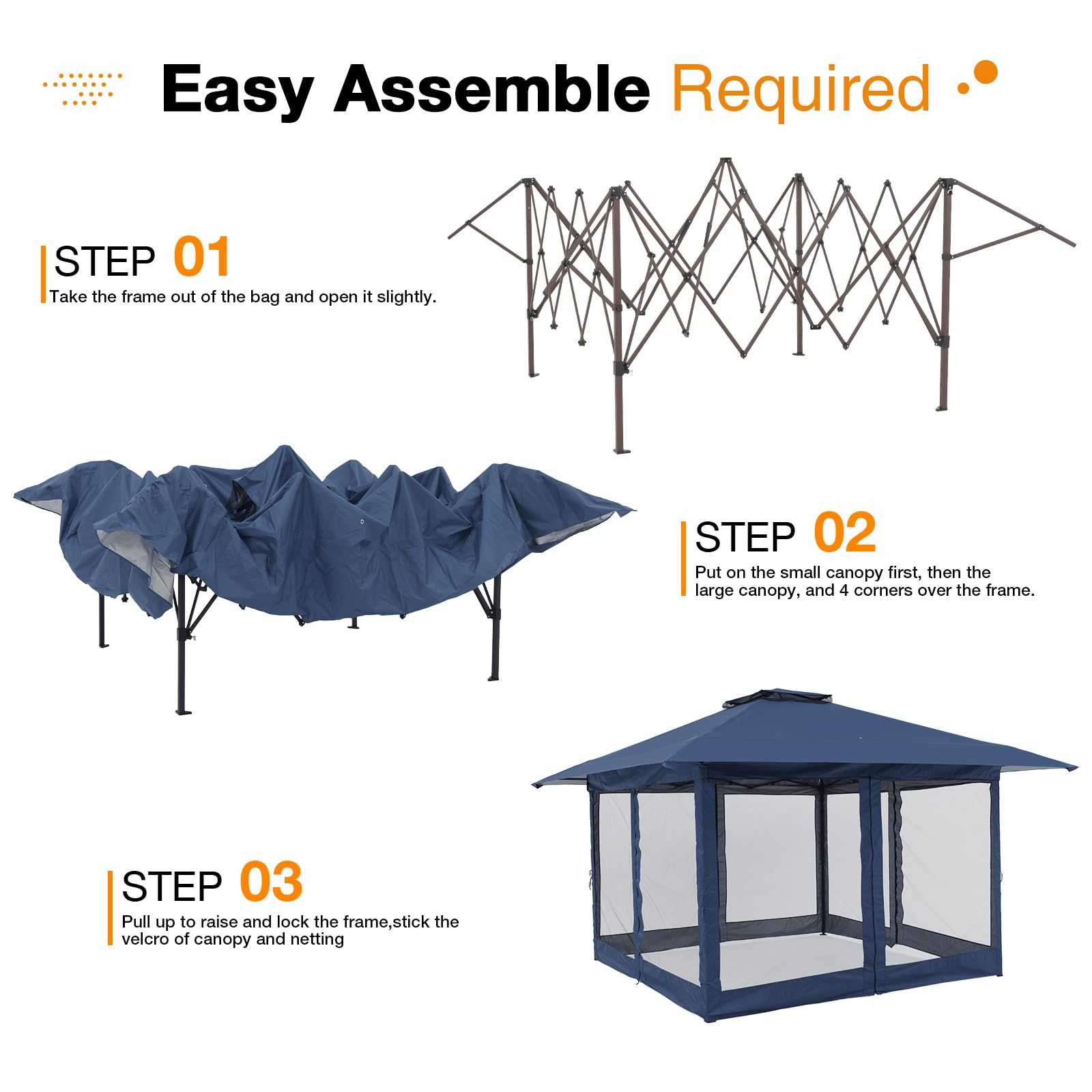13’x13’ Pop Up Gazebo With Mosquito Netting, Outdoor Canopy Tent Shade, 5 colors, Metal Frame