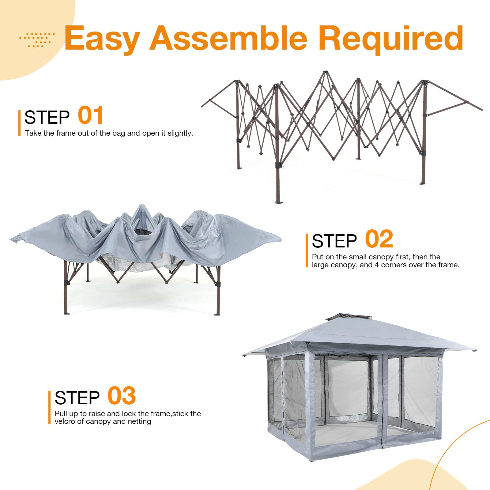 13’x13’ Pop Up Gazebo With Mosquito Netting, Outdoor Canopy Tent Shade, 5 colors, Metal Frame