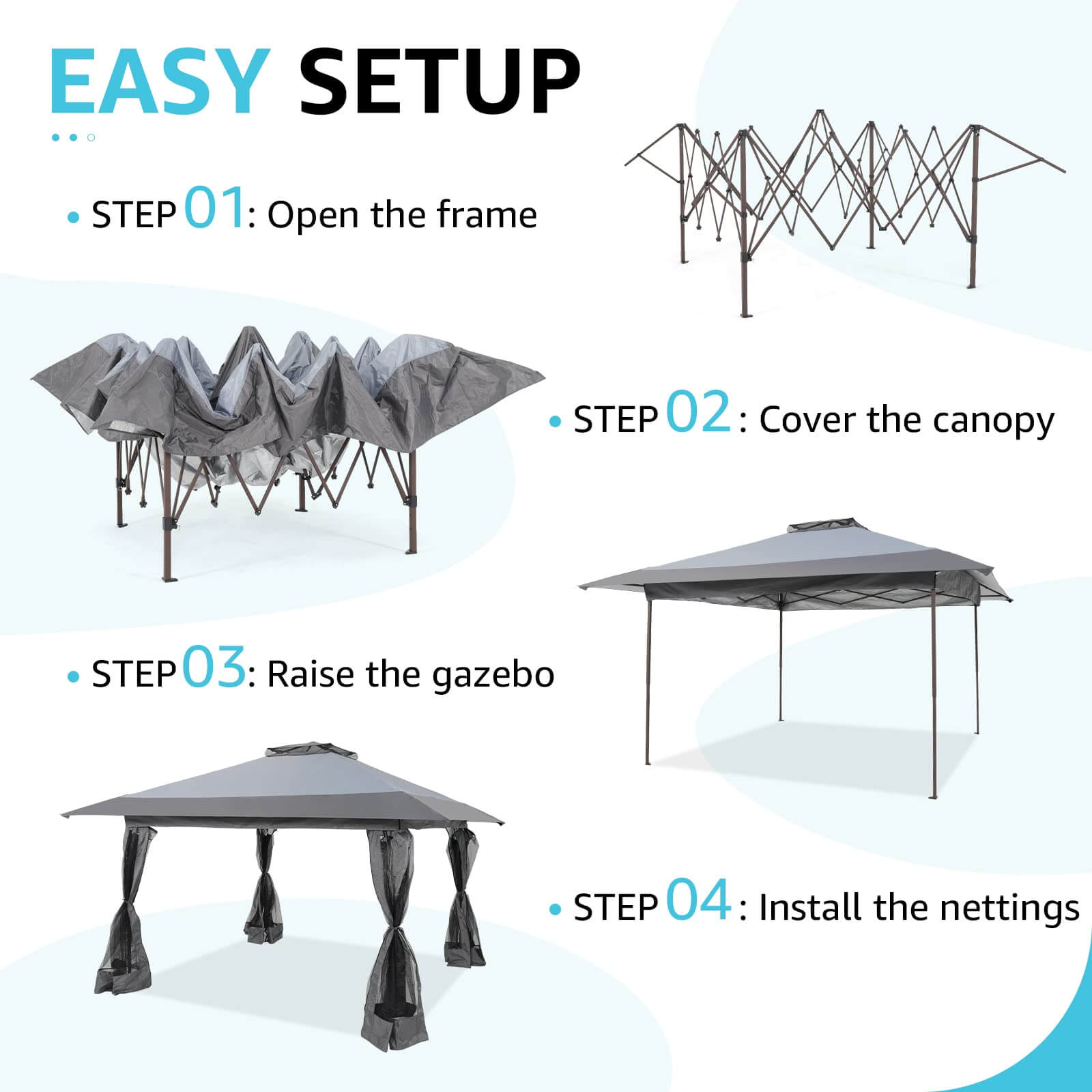 13’x13’ Pop Up Gazebo With Mosquito Netting Outdoor Canopy Tent Shade, Metal Frame