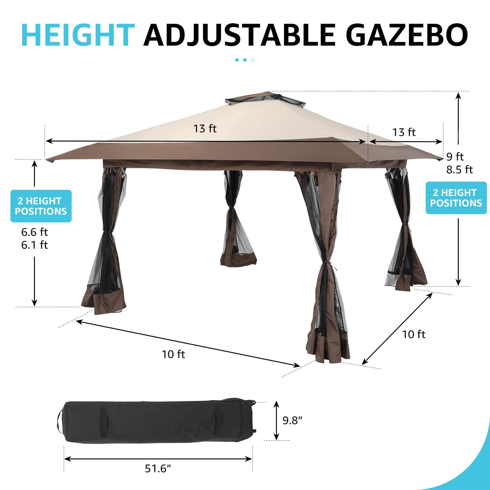 13’x13’ Pop Up Gazebo With Mosquito Netting Outdoor Canopy Tent Shade, Metal Frame