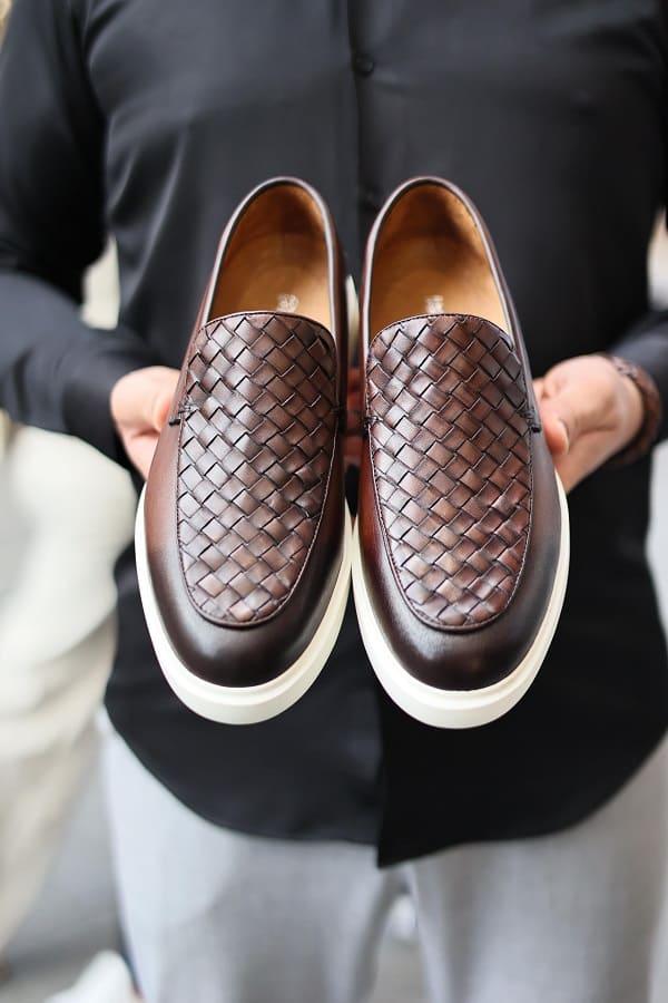 Marion Men's Woven Pattern Brown Loafers