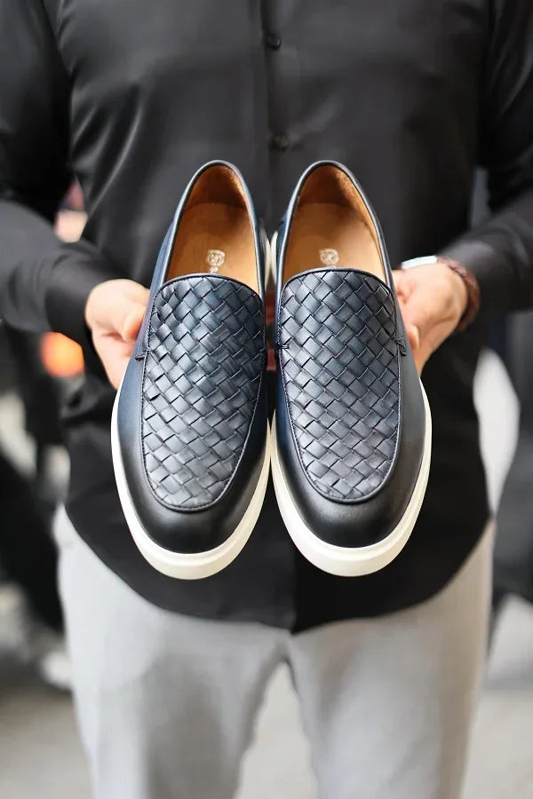 Marion Men's Woven Pattern Navy Blue Loafers
