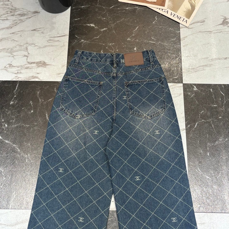 New Fashion Women CC Diamond Print Wide Leg Jeans DM1326091812