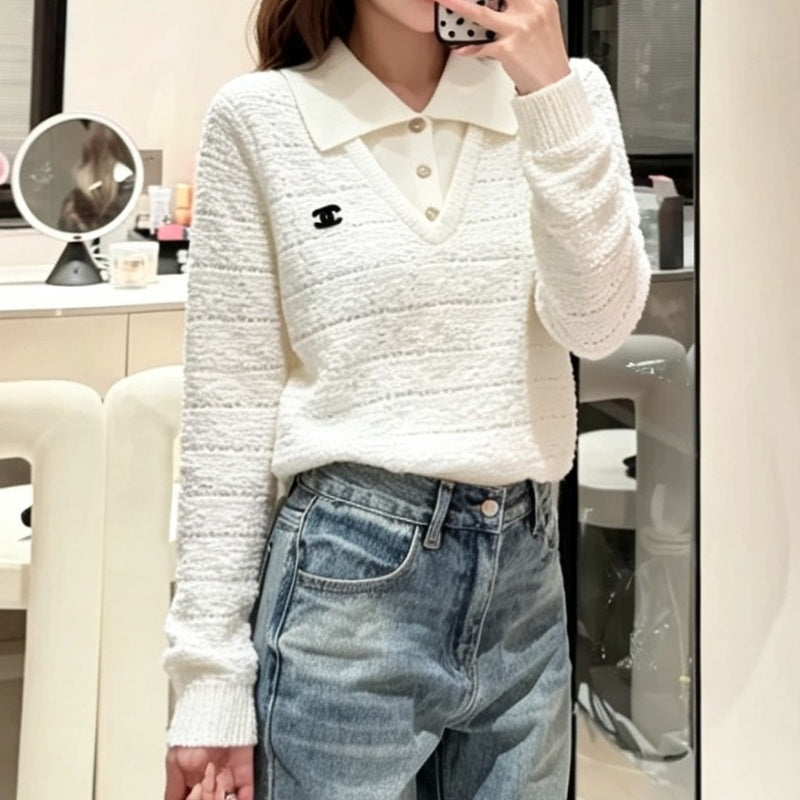 New Fashion Women CC Lapel Hollow Knit Sweater DM1326091818