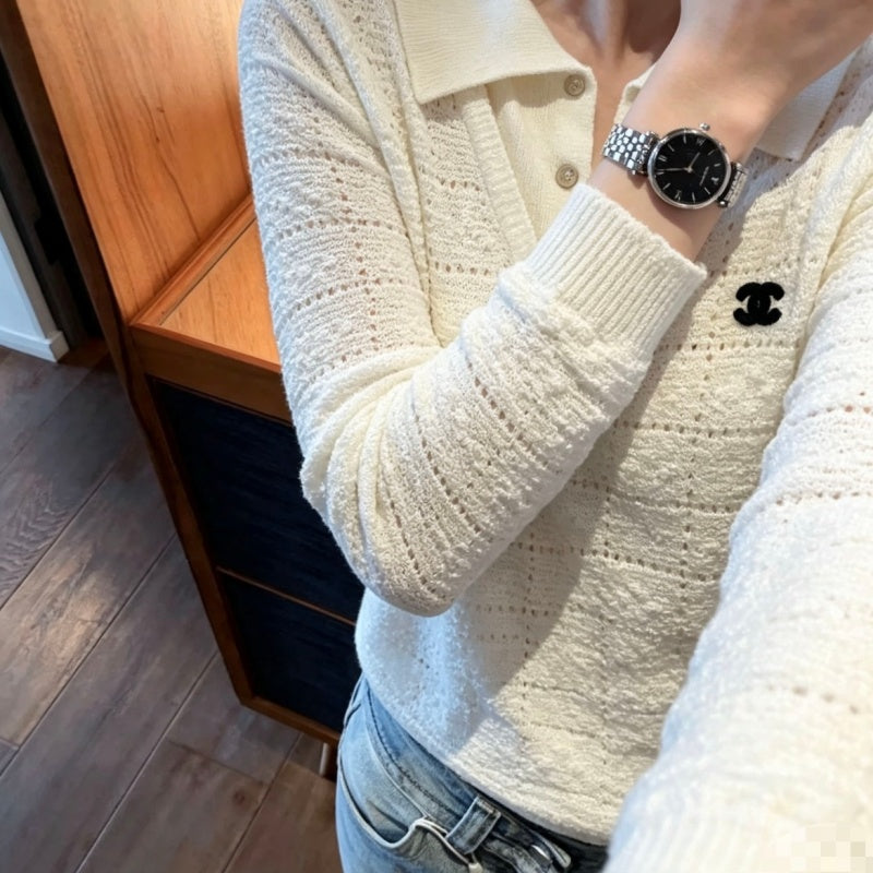 New Fashion Women CC Lapel Hollow Knit Sweater DM1326091818