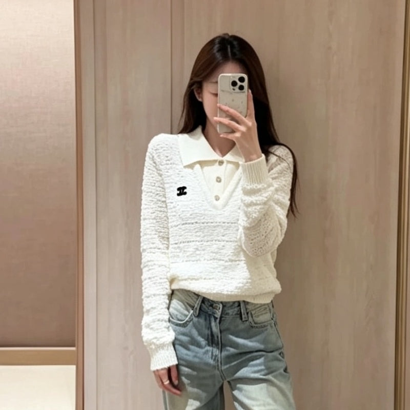 New Fashion Women CC Lapel Hollow Knit Sweater DM1326091818