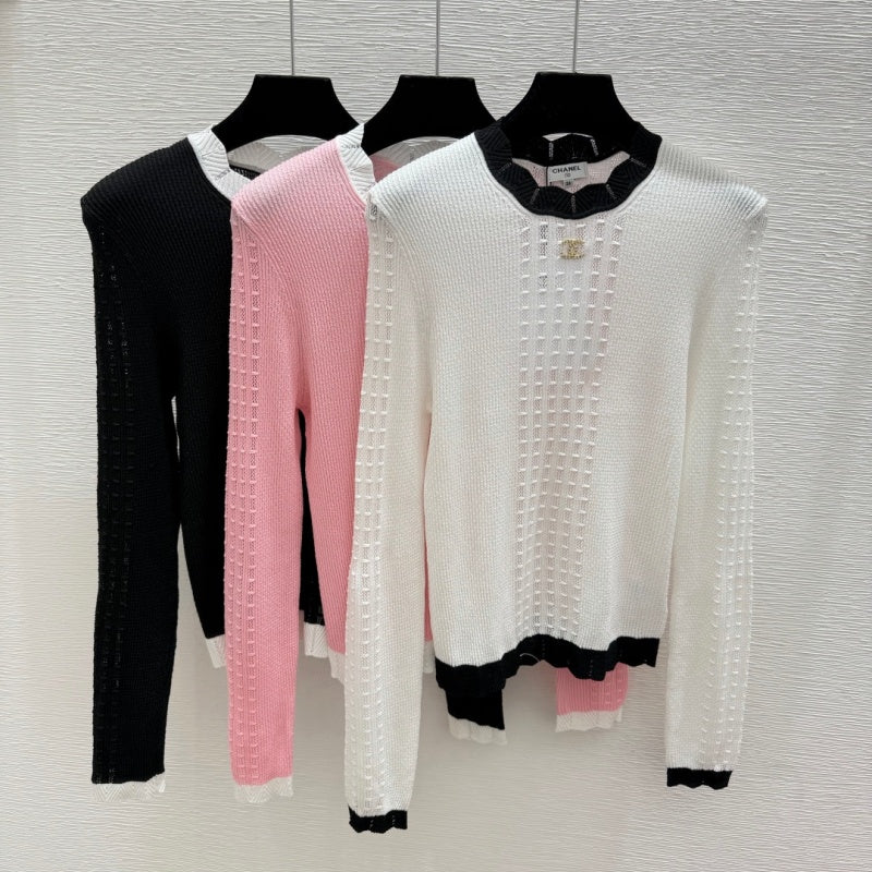 New Fashion Women CC Ruffle Trim Hollow Knit Top DM1326091822