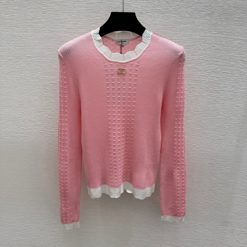 New Fashion Women CC Ruffle Trim Hollow Knit Top DM1326091822