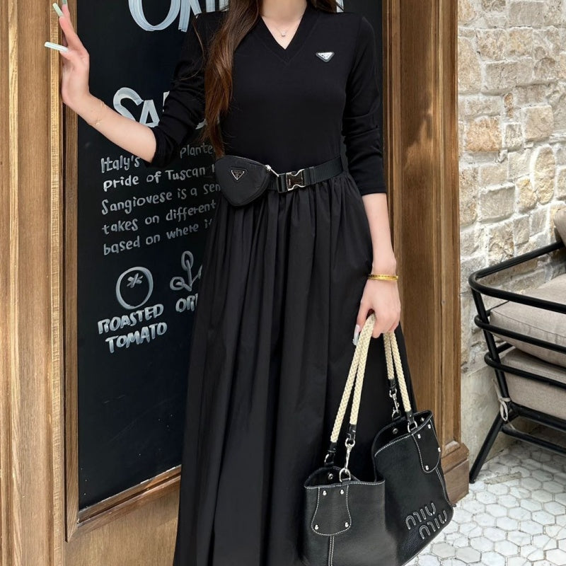 New Fashion Women's V-Neck Long Sleeve Belted Midi Dress DM1326091826