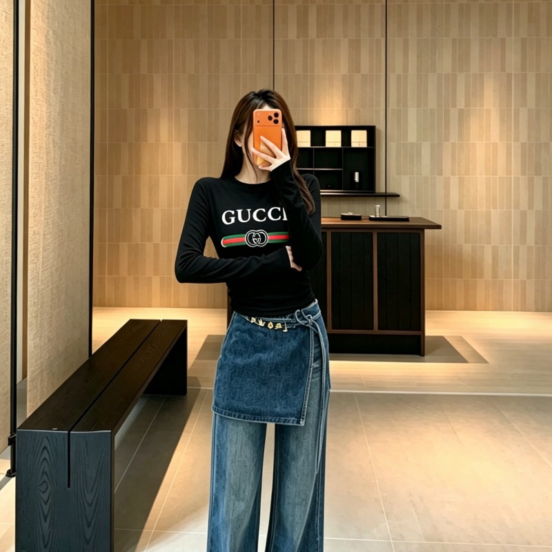 New Fashion Women's GG Logo Print Long Sleeve Top DM1326091829