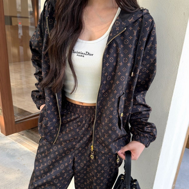 New Fashion Monogram Print Hooded Tracksuit 2 Piece Set DM1326092001