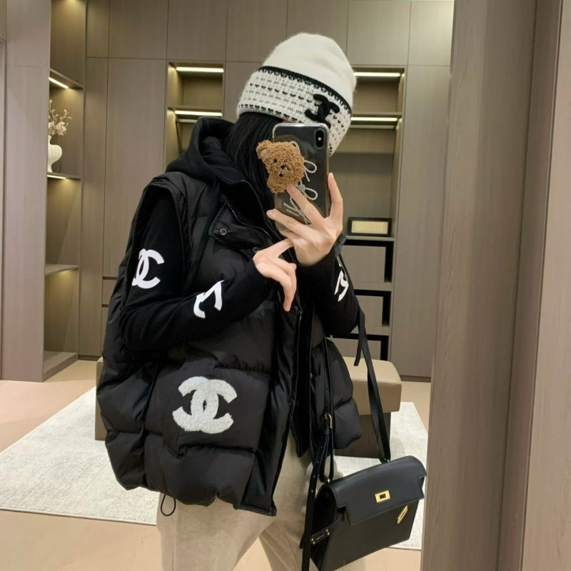 New Fashion Women's Logo Print Long Sleeve Top & Hooded Puffer Vest 2 Piece Set DM1326092009