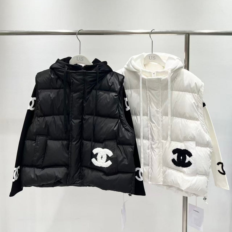 New Fashion Women's Logo Print Long Sleeve Top & Hooded Puffer Vest 2 Piece Set DM1326092009