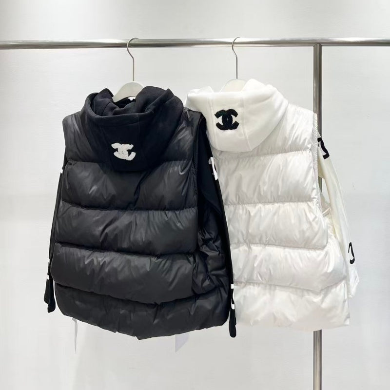 New Fashion Women's Logo Print Long Sleeve Top & Hooded Puffer Vest 2 Piece Set DM1326092009