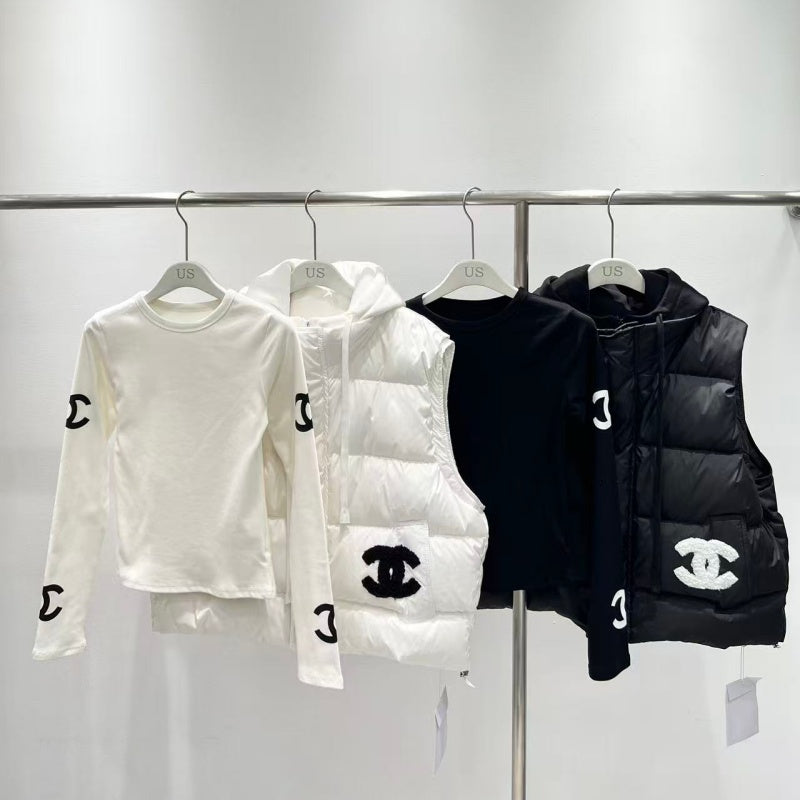 New Fashion Women's Logo Print Long Sleeve Top & Hooded Puffer Vest 2 Piece Set DM1326092009