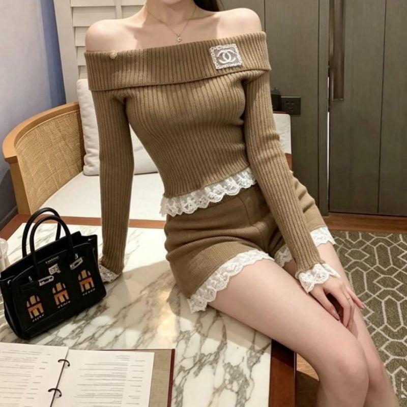 New Fashion Women's Lace Trim Knit 2 Piece Outfit Set DM1326092015