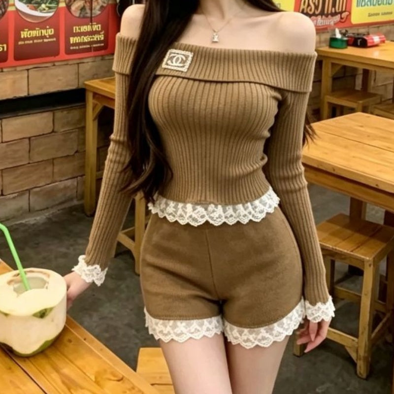 New Fashion Women's Lace Trim Knit 2 Piece Outfit Set DM1326092015